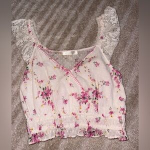 LoveShackFancy White Floral Lace-Trim Camisole with Pink & Yellow Blooms